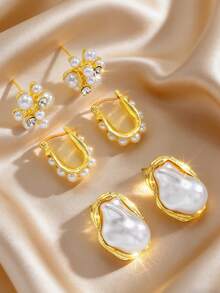 12pcs/6pcs/2pcs Set Vintage Elegant Bohemian Style Metal Multi-Element Baroque Faux Pearl Enamel Cat Eye Stone Bright Gold Square Stud Earrings, Minimalist Chic Luxury Versatile Earrings Suitable For Women, Men, Girlfriends, Vacation, Party, Wedding, Daily Matching, Ideal Gift For Valentine's Day, Mother's Day, Anniversary