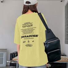 Women's Oversized Printed T-Shirt - Cheerful Paradise Phrase - Loose, Casual, Stylish, Modern, And Cool Blouse - 黃色 - 查看 12
