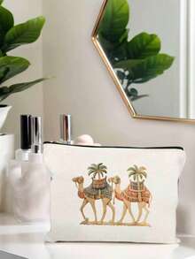 优雅骆驼椰树印花化妆包，可重复使用的骆驼图案化妆袋，轻便，化妆品及洗漱用品收纳包，拉链化妆包，轻便零钱包，洗漱包，储物袋，旅行配件，购物佳品，用途广泛，可用于收纳化妆品、化妆刷、配件，新年、情人节、斋月礼物