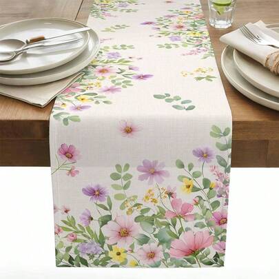 春日粉色花卉桌旗 节日派对装饰 可水洗 水彩植物野花 厨房餐桌桌旗 婚礼装饰