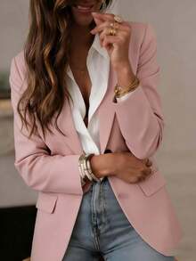 女士时尚粉色梭织面料西装外套，长袖，纽扣细节，商务休闲，常规版型西装外套