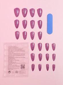 VV MEI JIA ER 24片玫瑰粉色亮面按压式美甲贴片，带UV涂层，全杏仁形人造指甲，闪亮粘性假指甲，适合女性和女孩，附赠1卷美甲胶水和1把指甲锉。 - 玫紅色 - 查看 6