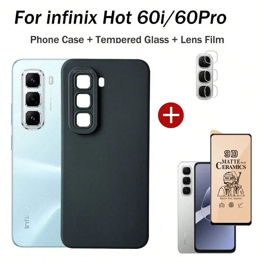 3in1 For Infinix Hot 60 Pro Phone Case Shockproof For Infinix Hot 60 60i Tempered Glass Soft Film + Ceramic Protective Film+Lens Film - Black - View 1