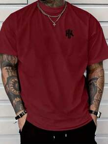 Men's T-Shirt With Minimalist 2H Print, Short-Sleeved Cotton T-Shirt With Round Neck, 2H Lettering. - 酒紅色 - 查看 1