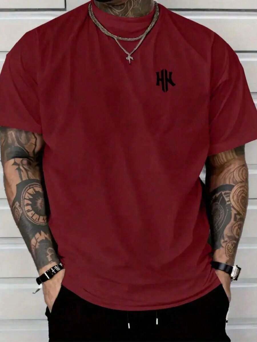 Men's T-Shirt With Minimalist 2H Print, Short-Sleeved Cotton T-Shirt With Round Neck, 2H Lettering. - 酒紅色 - 查看 1