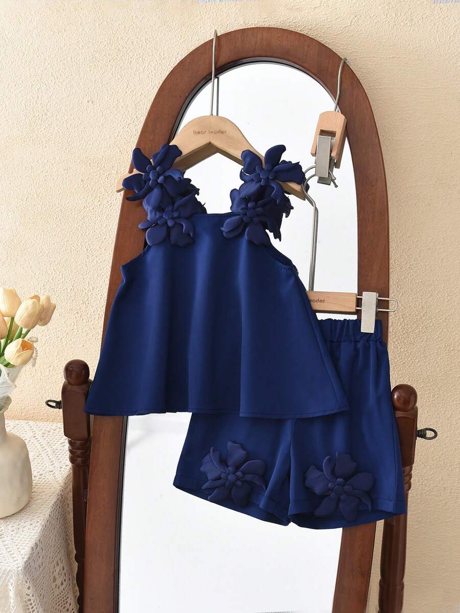 2pcs/Set Girls' Summer Outfit, Floral Embellished Camisole And Shorts - Blue - View 1