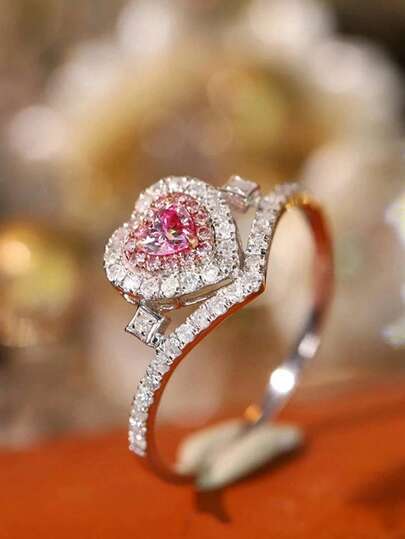 Anillo de boda elegante y lujoso en forma de corazón rosa para mujer, romántico a la francesa