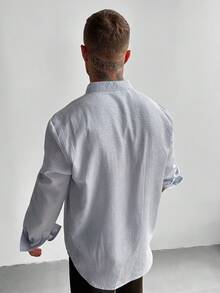 GloMan 男士半開襟立領亞麻長袖襯衫，輕盈透氣寬鬆休閒風，適合夏季度假、派對、辦公室日常穿著，男士禮物 - 藏蓝色 - 查看 8