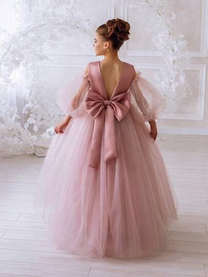 Đầm dự tiệc bé gái tuổi teen tay phồng thắt nơ, lưng chữ V sâu, kiểu công chúa thanh lịch, thích hợp cho tiệc sinh nhật, đám cưới, dạ hội, các dịp quan trọng và lễ hội.