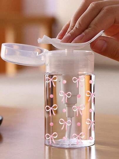 150ml/200ml/300ml Nail Art Pump Bottle, Transparent Pump Bottle With Pink Bow Pattern, Alcohol Nail Polish Remover Storage Container, Large Capacity Reusable Makeup Remover Bottle, Nail Polish Remover, Pump Head, Empty Acetone Container Travel Bottle, Makeup Accessories Essential For Dorm And Bathroom