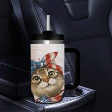 1pc 40oz Patriotic 4th Of July Stainless Steel Water Bottle With Handle And Straw - Insulated Leakproof For Fitness, Outdoor, Office - American Flag Design With Cute Cat Pattern, "Meowica" Patriotic Theme, 304 Stainless Steel, Perfect Holiday Gift For Adults, Outdoor Hydration, Holiday Theme, Durable Construction, Fitness Enthusiast Durable Stainless Steel Water Bottle With Detachable Cup For Daily Use, Water Bottle Coffee Bar Essentials| Perfect Grandpa Grandma & Best Friend Gifts - 黑色 - 查看 6
