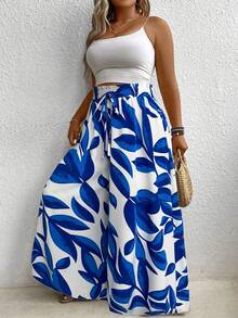Pretty and Ole Plus Size All-Over Print Belt Tie Waist Wide Leg Pants - Blue - View 6