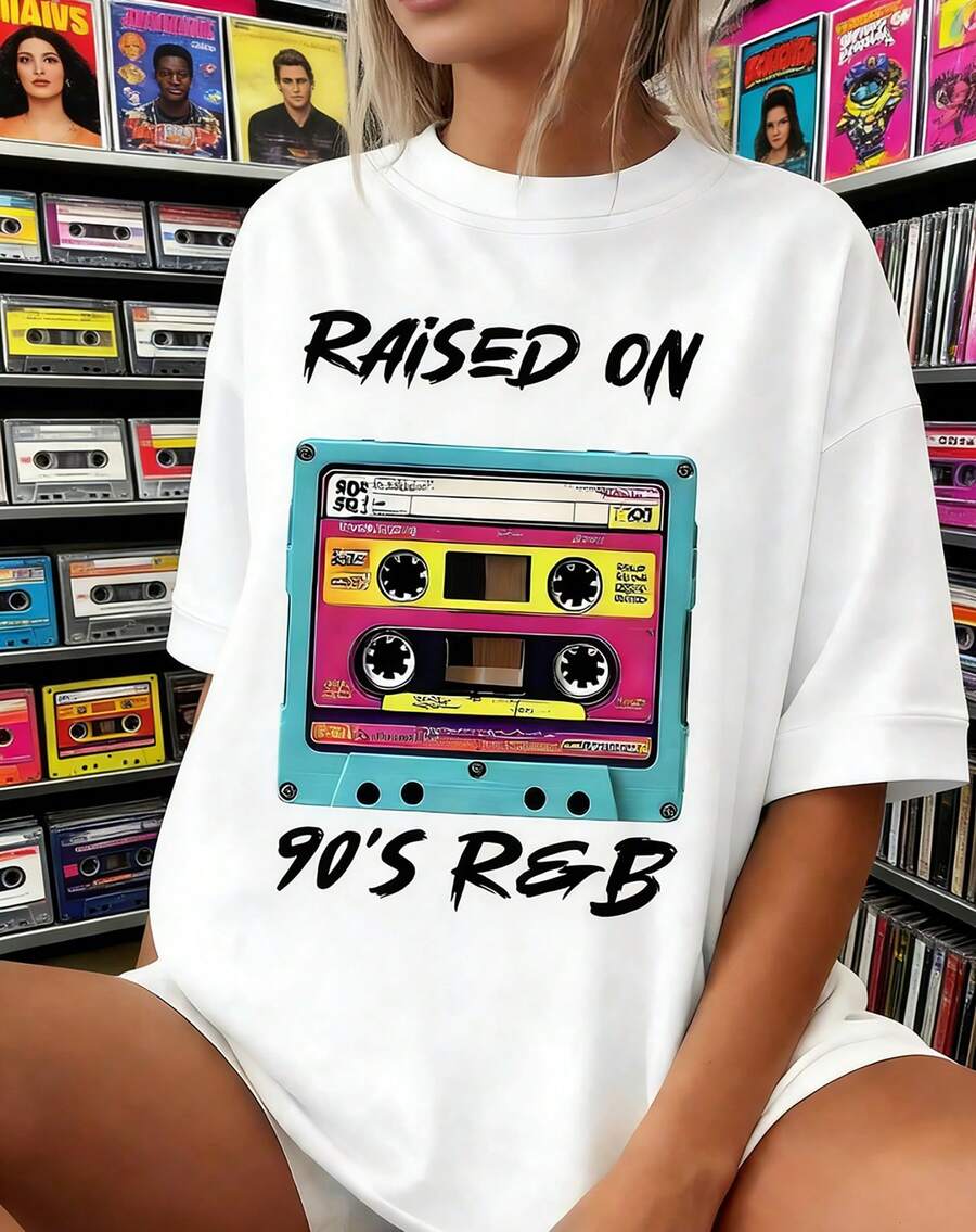 Vintage 90s R&B Colored Tape "Raised On 90's R&B" Printed White Loose-Fitting T-Shirt Women's Retro Music Style Top - White - View 1
