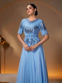Elegant 2 In 1 Dress, Embellished With Pearls, Sequins And Embroidery, Suitable For Banquet, Party, Holiday And Other Occasions - Sky Blue - View 8