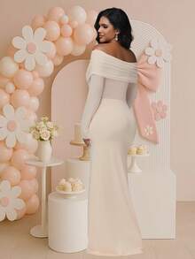 JustVH Maternity Colorblock Mesh Off-Shoulder Dress, Ruched Fishtail Hem, Suitable For Baby Shower, Elegant Stretchy Dress For Photoshoot