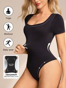 女士方领连体裤，塑身衣，丁字裤露背吊带衫 - 黑色 - 查看 4