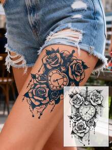 1-2周防水临时纹身贴纸，性感玫瑰、牡丹、兰花、蝴蝶、时钟多图案可选，天然植物成分，适用于手臂、大腿、胸部、背部、肩膀、锁骨等部位，适合DIY嘉年华、情人节、派对等场合。 - 藍色 - 查看 5