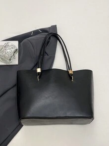 Letter Decor Large Capacity Fashion New Casual European And American Retro Solid Color Women Shoulder Underarm Tote Bag - Black - View 9