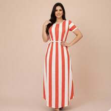 Women's Long Saruel Dress With Sleeves, Romantic Style, Women's Clothing - Coral Pink - View 8