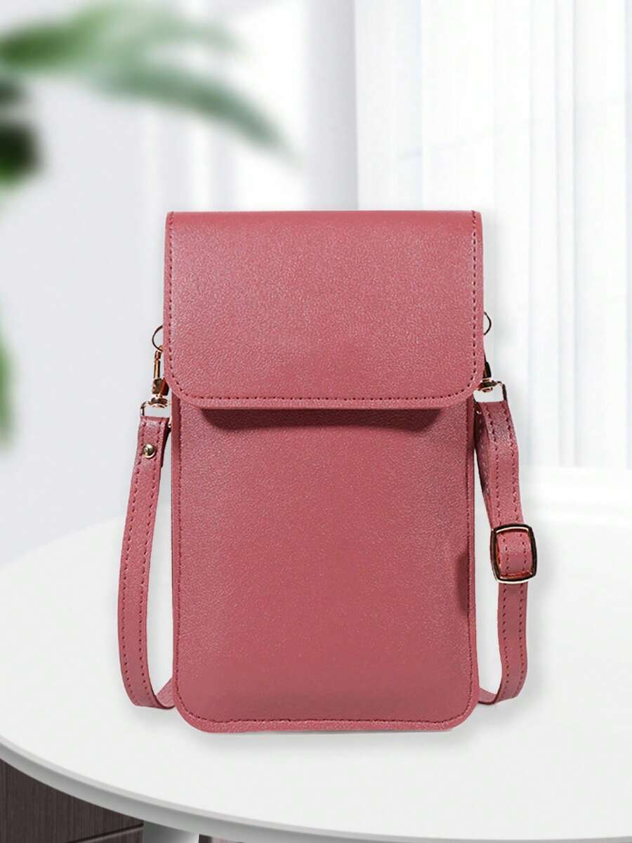 Women's Chic Cell Phone Crossbody Purse - Solid Color Mini Shoulder Bag With Adjustable Strap, Transparent Window & Card Slots For Shopping & Daily Use - 粉色 - 查看 1