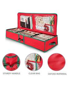 1 pezzo Borsa portaoggetti in carta da imballaggio rossa con manico e cerniera, borsa organizer pieghevole e impermeabile per confezioni regalo, borsa per contenimento sottoletto con bordo verde adatta a varie dimensioni di carta da imballaggio, contenitore in tessuto Oxford rosso, ideale per l'organizzazione della carta da imballaggio per il Ringraziamento, San Valentino e altre festività - Rosso - Visualizzare 7