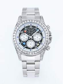 1pc Men's Luxury Twelve Constellation Planet Fully Iced-Out Luminous Analog Watch With Stainless Steel Waterproof Strap