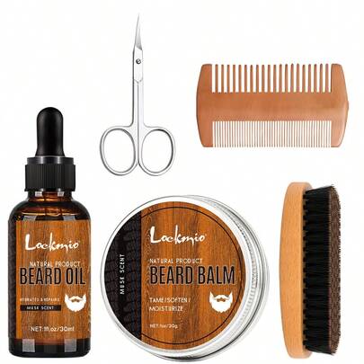 lockmio Set de cuidado de barba para hombres, incluye aceite de barba sin enjuague para suavizar, nutrir, hidratar y fortalecer la barba; kit de herramientas para el cuidado de la barba con bálsamo, peine, cepillo y tijeras para barba; adecuado para hombres/esposos