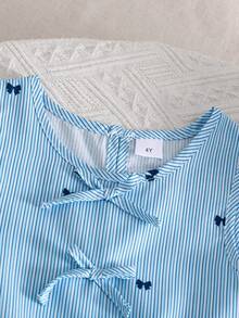 2pcs Setelan Musim Panas Anak Perempuan Atasan Rompi dan Celana Motif Pita Kotak-kotak Biru - Biru - View 3