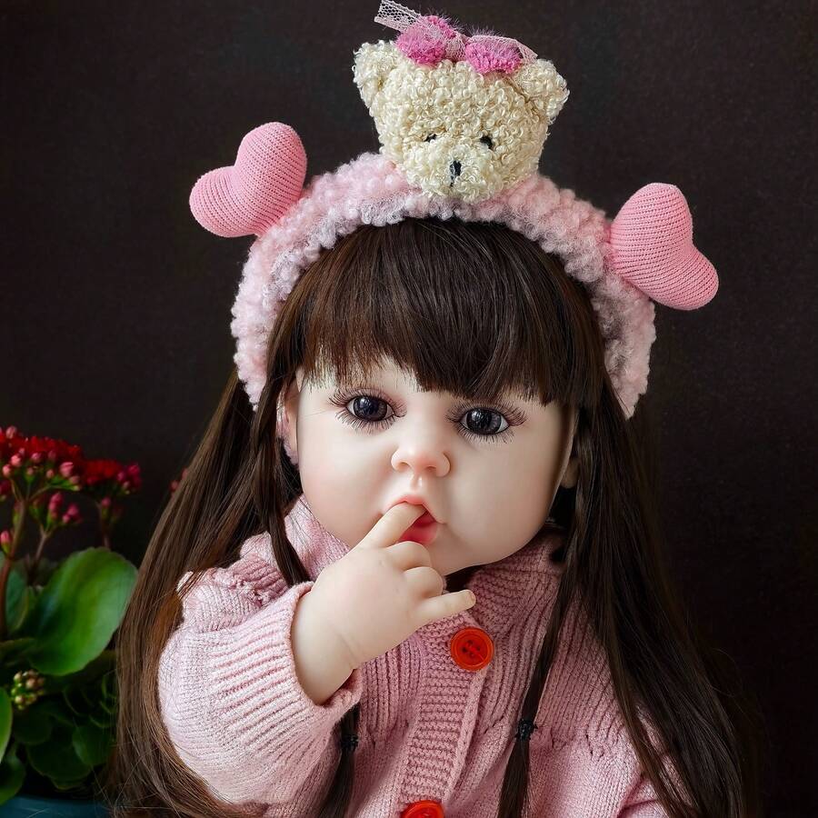 22英寸（约55厘米）逼真重生娃娃，全乙烯基身体，长发公主幼儿玩具，生日礼物，娃娃，柔软乙烯基，儿童娃娃，浴缸陪伴玩具，过家家玩具，生日礼物，圣诞礼物（包含奶嘴、奶瓶、尿布、出生证明） - 粉色 - 查看 1