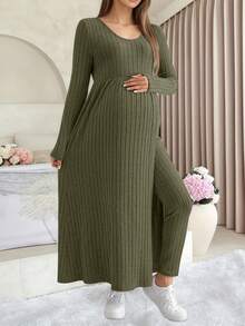 Conjunto casual de 2 piezas de punto elástico de costilla en verde oliva/verde del ejército para maternidad, con top de manga larga con cuello en V y abertura frontal, combinado con pantalones de maternidad, un atuendo de embarazo y lactancia elegante y cómodo para la primavera - Verde Oliva - Ver 6