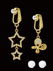 4pcs/Set Elegant Women Fake Belly Piercing Jewelry, 2pcs Gold-Plated Fake Belly Button Rings Clip On Belly And 2pcs Clear Silicone Pad, Multi Styles Heart Butterfly Eye Of Devil Belly Button Rings Non Piercing Jewelry For Women Girls - Valentine's Day Gift - Gold - View 8