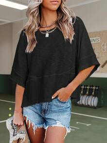Womens Summer Athleisure Oversized Batwing Half Sleeve Gym Workout T Shirts - màu đen - Xem 1