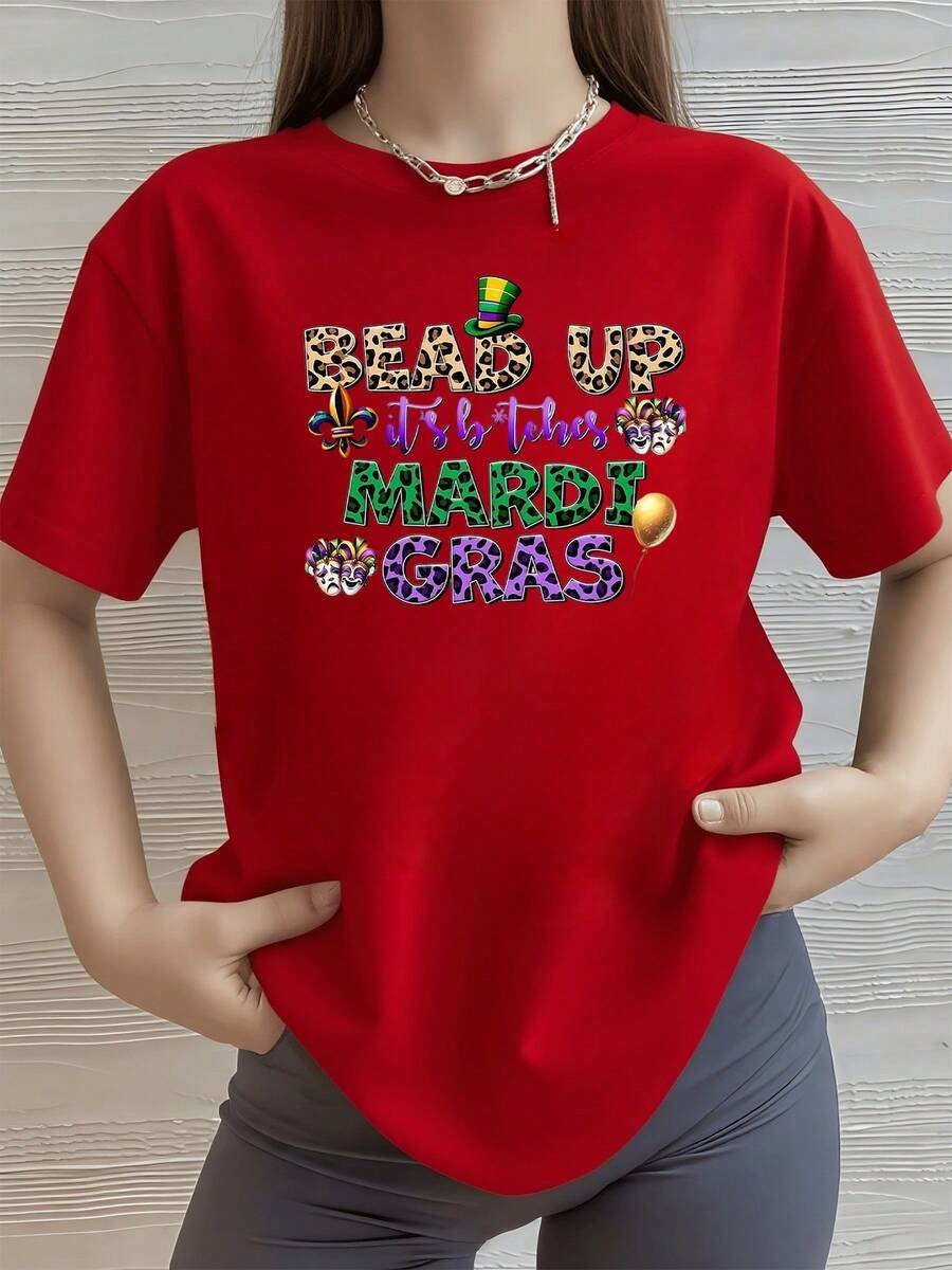 Texto festivo con sombrero verde máscaras de carnaval globos y letras coloridas que evocan la alegría del Mardi Gras camiseta de mujer 100% algodón 220g - Rojo - Ver 1