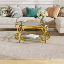 MERAX Round Tempered Glass Coffee Table In 30.7",Luxurious Geometric Metal Frame,Gold Finish & Lower Shelf, Transparent - 透明的 - 查看 2