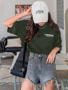 Women's Oversized Printed T-Shirt - Cheerful Paradise Phrase - Loose, Casual, Stylish, Modern, And Cool Blouse - 軍綠色 - 查看 2