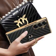 Fashionable Gold-Plated Ring Striped Leather Phone Case With Tempered Glass Screen Protector, Compatible With Samsung Galaxy Fold 3/4/5/6/7, Anti-Drop Protective Cover - Pink - View 11