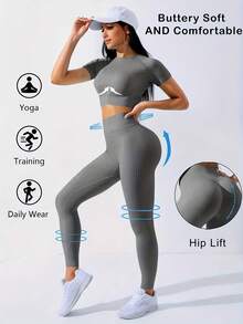 Workout Sets Outfits For Women – Yoga Leggings With Short Sleeve Crop Top, Slim Fit Tummy Control Butt Lifting Waist Shaping, Seamless Ribbed Texture, Breathable Soft Fabric, Non-Pilling, Perfect For Fall Winter Gym Yoga Running Fitness - 太空灰 - 查看 8