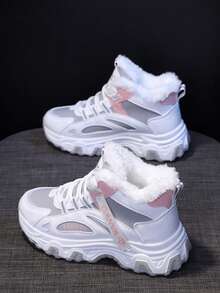 Women's Winter Sneakers - Non-Slip High-Top Thick Sole, Plush Lining, Lightweight Rubber Sole, White And Black And Blue And White Color Matching, Fashionable And Warm Winter Shoes - 升級加厚灰 - 查看 1