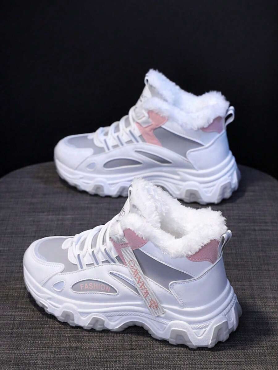 Women's Winter Sneakers - Non-Slip High-Top Thick Sole, Plush Lining, Lightweight Rubber Sole, White And Black And Blue And White Color Matching, Fashionable And Warm Winter Shoes - 升級加厚灰 - 查看 1