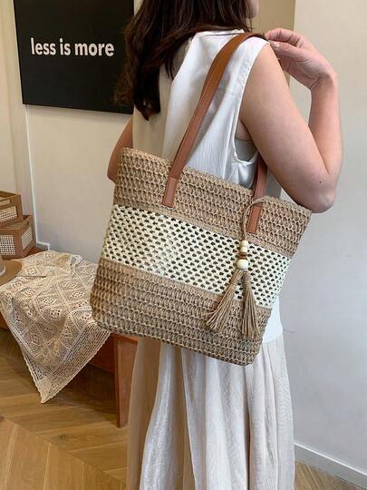 1pc New Fashion Beach Style Women's Handbag, Lightweight Handwoven Straw Shoulder Bag, Colorblock Striped Fringe Decor Casual Straw Tote Bag With Zipper Closure, Ideal For Vacation And Travel