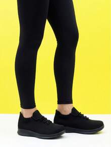 女士纯白色针织套脚运动鞋，休闲轻便透气舞蹈鞋 - 黑色 - 查看 5