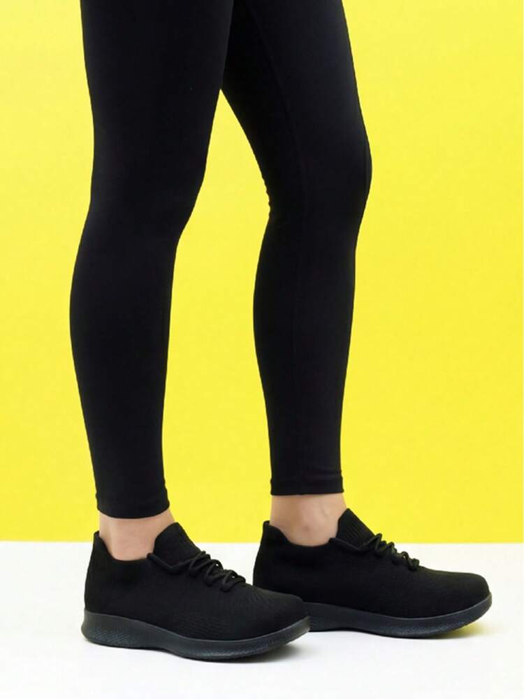 女士纯白色针织套脚运动鞋，休闲轻便透气舞蹈鞋 - 黑色 - 查看 4