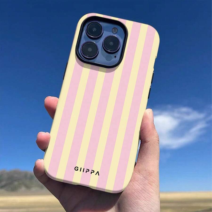 Matte Vertical Striped 2-In-1 Phone Case In Pink And Light Yellow, Compatible With IPhone 16, 15, 14, 13, 12, 11, PRO MAX, PLUS And Other Models - Baby Pink - View 1