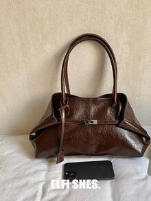 Large Capacity Commuter Tote Bag, Women's Solid Color PU Fabric Shoulder Bag, Magnetic Closure, Suitable For Girls, Ladies, College Students, Career Starters And Office Workers, Great For Work, Business, Commuting, School - Coffee - View 6