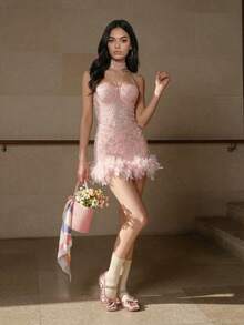 Glamorous Sexy Sheer Elastic Fitted Sparkling Rhinestone Feather Carnival Party Clubwear Romper - Pink - View 4
