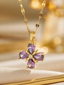 Fashionable Purple Flower Water Drop Stainless Steel Necklace For Women, With A Unique And Light Luxury Design Sense And Elegant Collarbone Chain