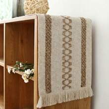 1pc Bohemian Style Tassel Table Runner, Farmhouse Striped Design In Beige, Brown, Green, Made Of Polyester Macrame, Suitable For Dining Room, Bedroom, Living Room Decor, Living Room Striped Tassel Decor - Camel - View 14