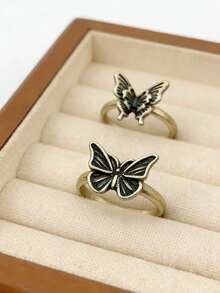 2 件复古简约绿色蝴蝶和花朵装饰可调节戒指，适合女性日常佩戴、照片、情人节礼物