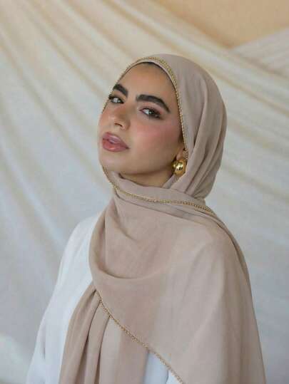 1pc Women's Solid Color Chain Edge Chiffon Hijab, Lightweight & Breathable Head Scarf, Metallic Chain Contrast Color Fashion Scarf, Versatile & Sun-Protective, Suitable For Daily Wear