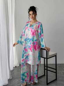 Bộ 2 món: Đầm maxi dài tay cổ chữ V in họa tiết nhuộm tie-dye và quần ống rộng cạp chun in họa tiết nhuộm tie-dye, trang phục trang trọng kiểu Ả Rập thanh lịch cho tiệc tùng, kỳ nghỉ hoặc mặc hàng ngày vào mùa xuân. - Màu Hồng Tươi - Xem 6